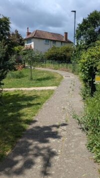 The Causeway Path over the swampy pond. The ‘tadpole tail’ ran to the left under court 5. The water still lay next to the (modern) railings on the right until 1932. Cannon Road at the top of the slope. Photo: Ilona Jesnick 